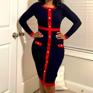 Navy and Red Long Sleeve Dress